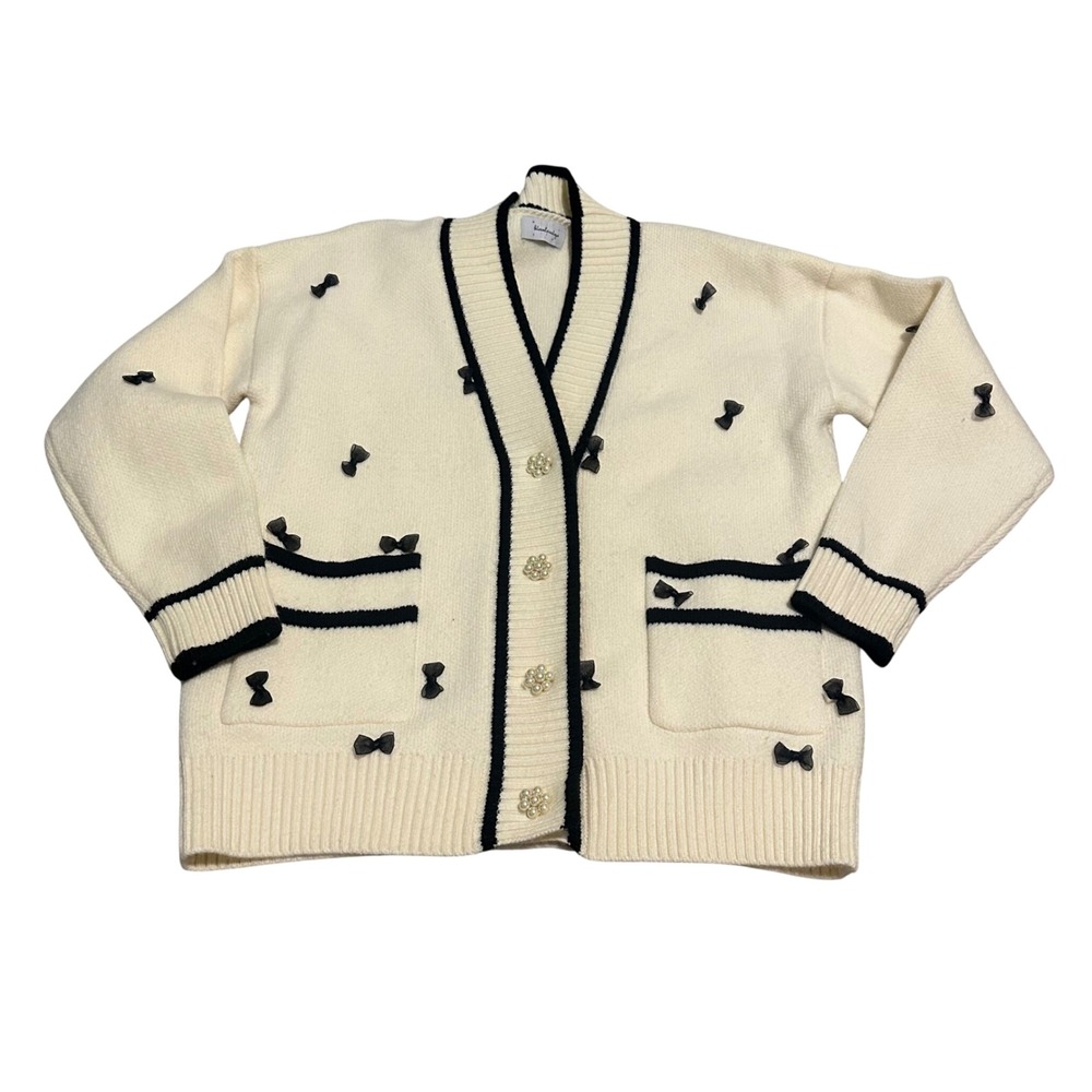 bitsandpiecestogo Cream Black Bow Detail V‎ Neck Button Front Cardigan Women
